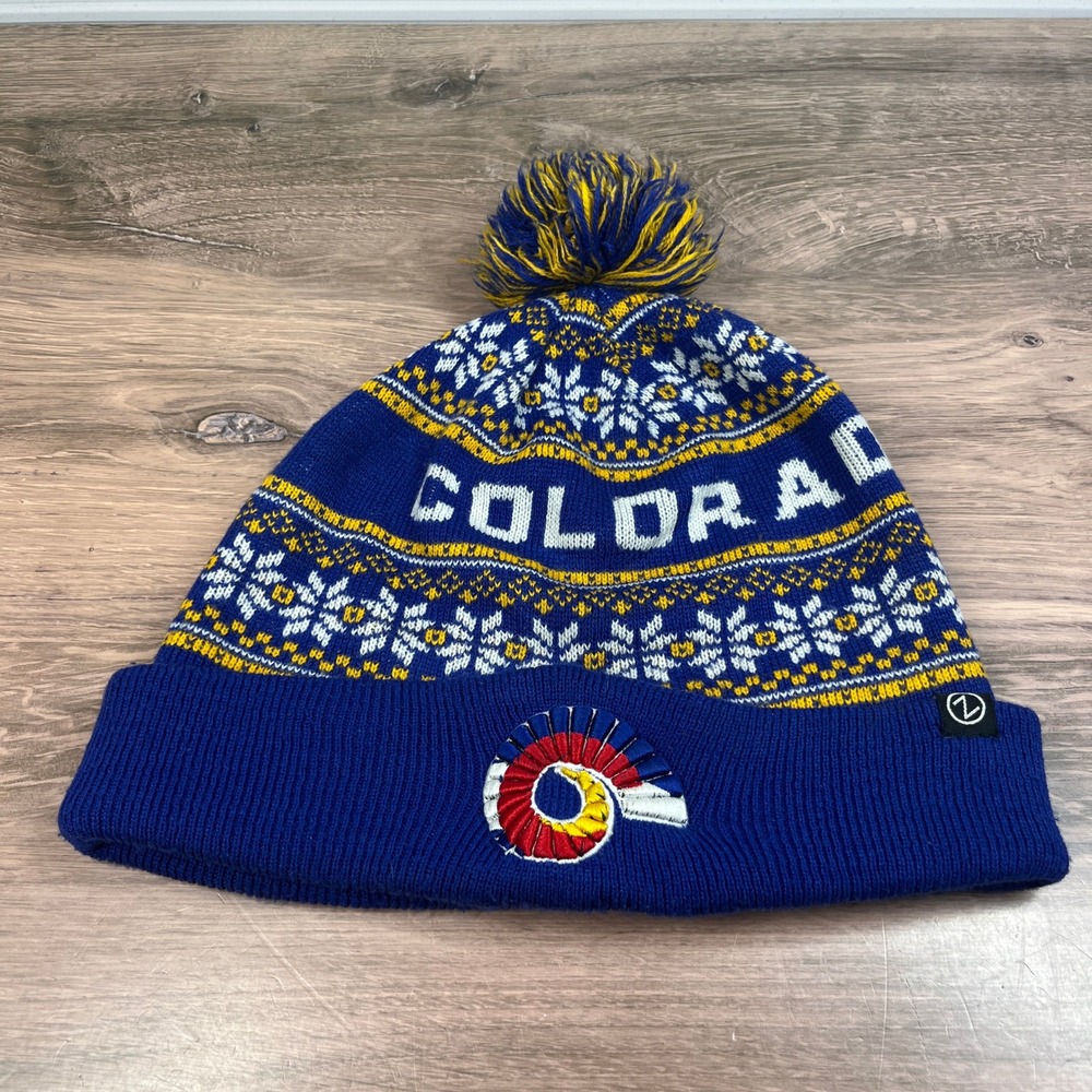 Zephyr Colorado State Flag Beanie Blue Yellow Fair Isle Pom Pom Knit Hat OS